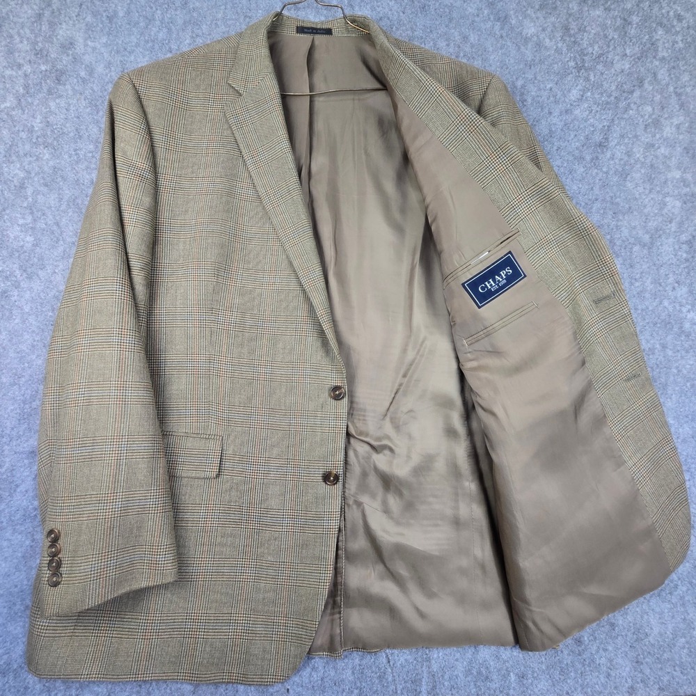 Chaps Sport Coat Mens 50L Tan Glen Plaid Silk Wool Two Button Blazer